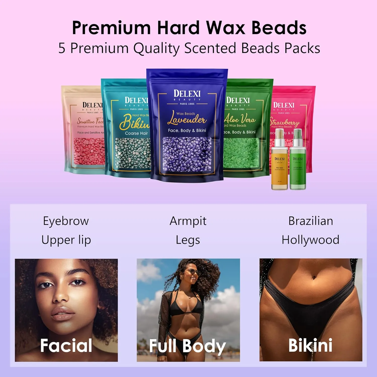 All-in-one Waxing Kit for Women  5 Pack Salon Quality Wax for Full Body Hair Removal - Ideal for Bikini, Brazilian, Underarms, Legs, Eyebrows, Chest, Back, and Mustache - For Sensitive Skin