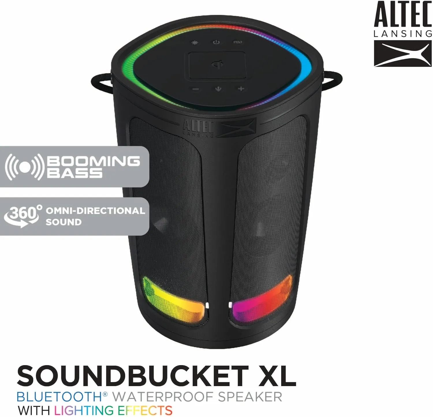 Altec Lansing Soundbucket XL - Waterproof Bluetooth Speaker with Customizable LED Lights, Qi Wireless Charging, 20 Hours Playtime & 100 Foot Range