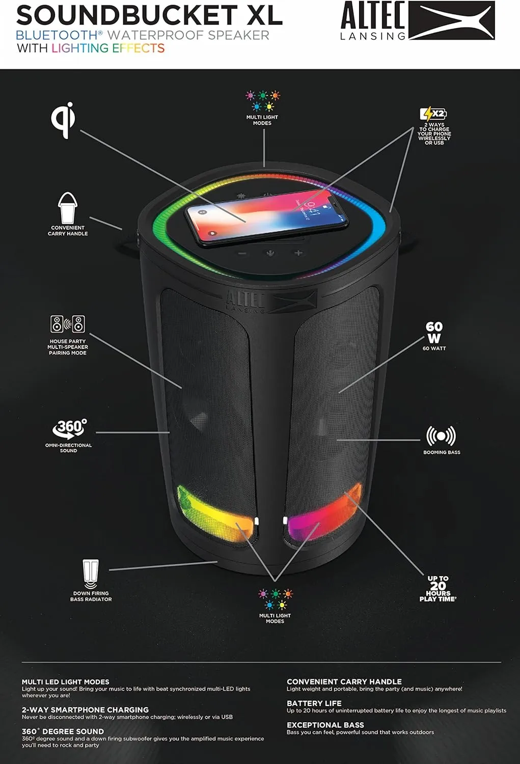 Altec Lansing Soundbucket XL - Waterproof Bluetooth Speaker with Customizable LED Lights, Qi Wireless Charging, 20 Hours Playtime & 100 Foot Range