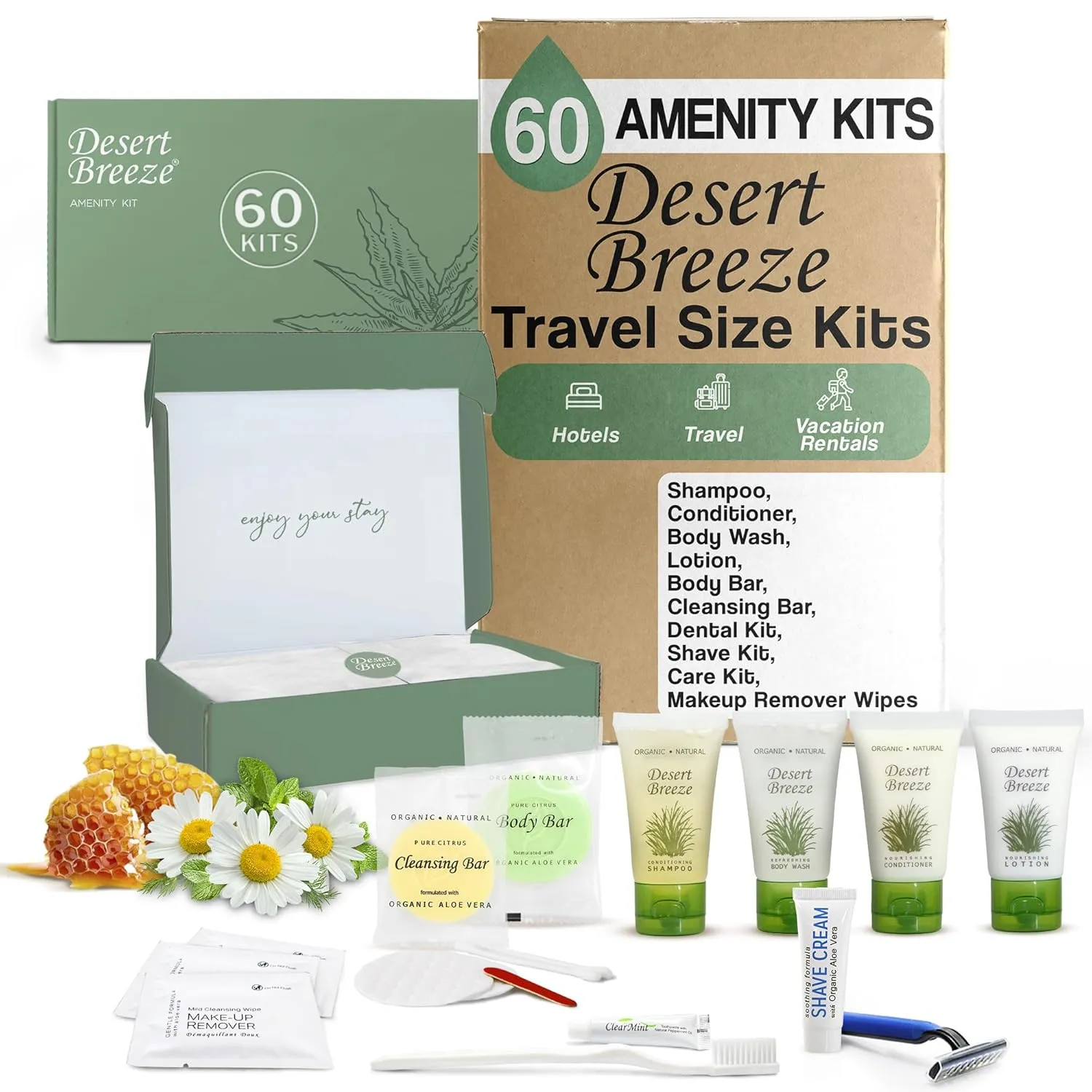 Amenity & Accessory Kit | 1 oz Shampoo, Conditioner, Lotion, Body Wash, Body Bar, Cleansing Bar, Shave & Dental Sets, Make-Up Wipes, Vanity Kit | 60 Sets per Case