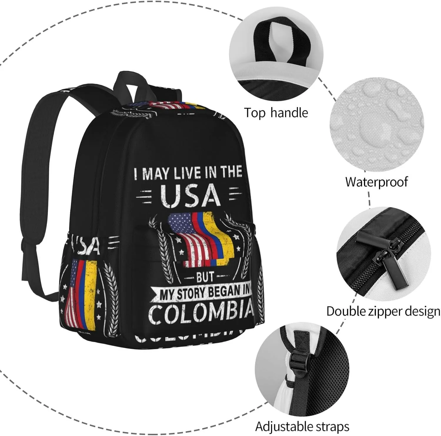 American Colombian Flag My Story Began In Colombia Backpack Large Capacity Backpack Lightweight Double Shoulder Bag For Women Men Travel