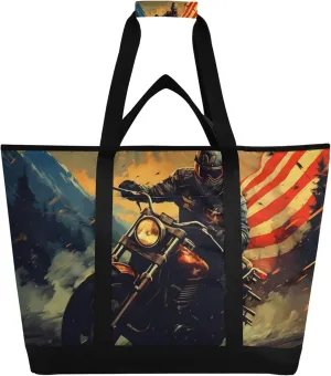 American Flag Motorcycle Reusable Insulated Cooler Bag with Ice Pack Compartment - Large 47L Waterproof Thermal Grocery Tote for Picnic Beach Camping Lunch Storage