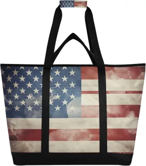 American Flag Reusable Insulated Cooler Bag with Ice Pack Compartment - Large 47L Waterproof Thermal Grocery Tote for Picnic Beach Camping Lunch Storage