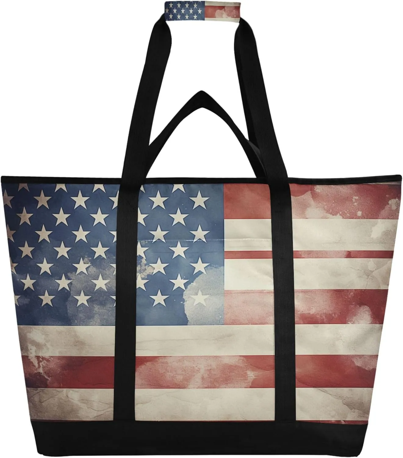 American Flag Reusable Insulated Cooler Bag with Ice Pack Compartment - Large 47L Waterproof Thermal Grocery Tote for Picnic Beach Camping Lunch Storage