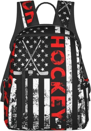 American Hockey Flag Casual Backpacks Laptop Backpack Outdoor Travel Rucksack Sport Carry-On Daypack Lightweight Bag with Multi-Pockets