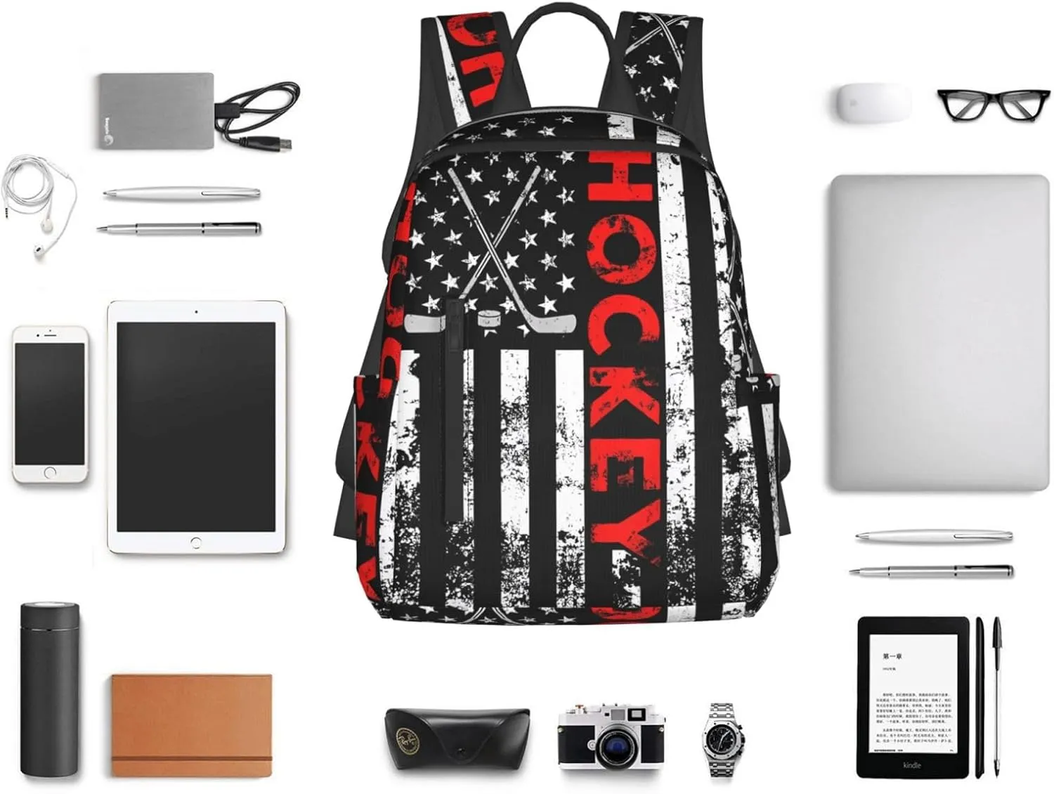 American Hockey Flag Casual Backpacks Laptop Backpack Outdoor Travel Rucksack Sport Carry-On Daypack Lightweight Bag with Multi-Pockets