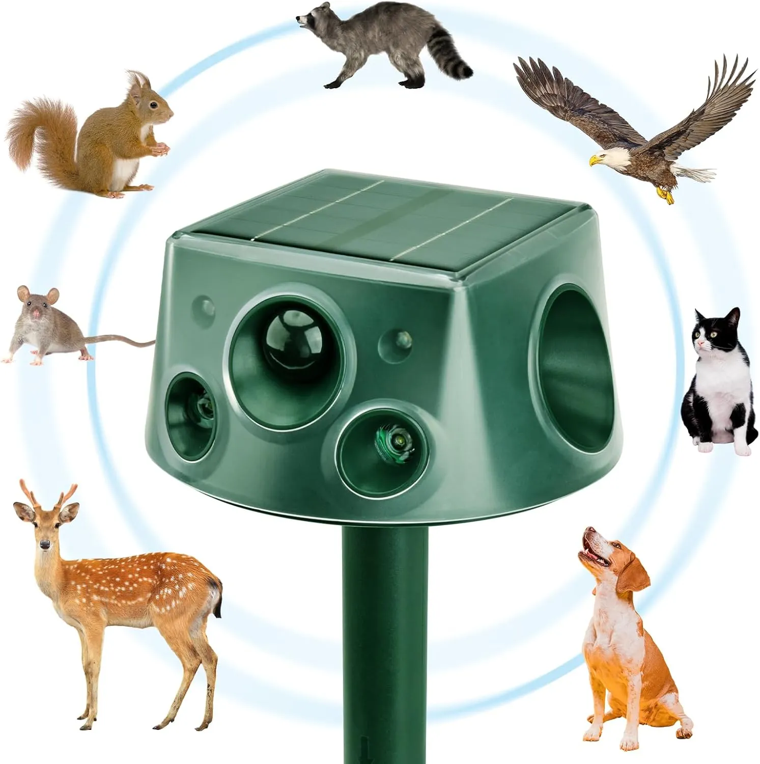 Animal Repellent Ultrasonic, Expanded Detection Range Solar - Animal Repellent Outdoor with Automatic Frequencies, 2 Motion Sensors, 8 Stronger LED Lights, 2 Alarms at 360～ and USB Cable