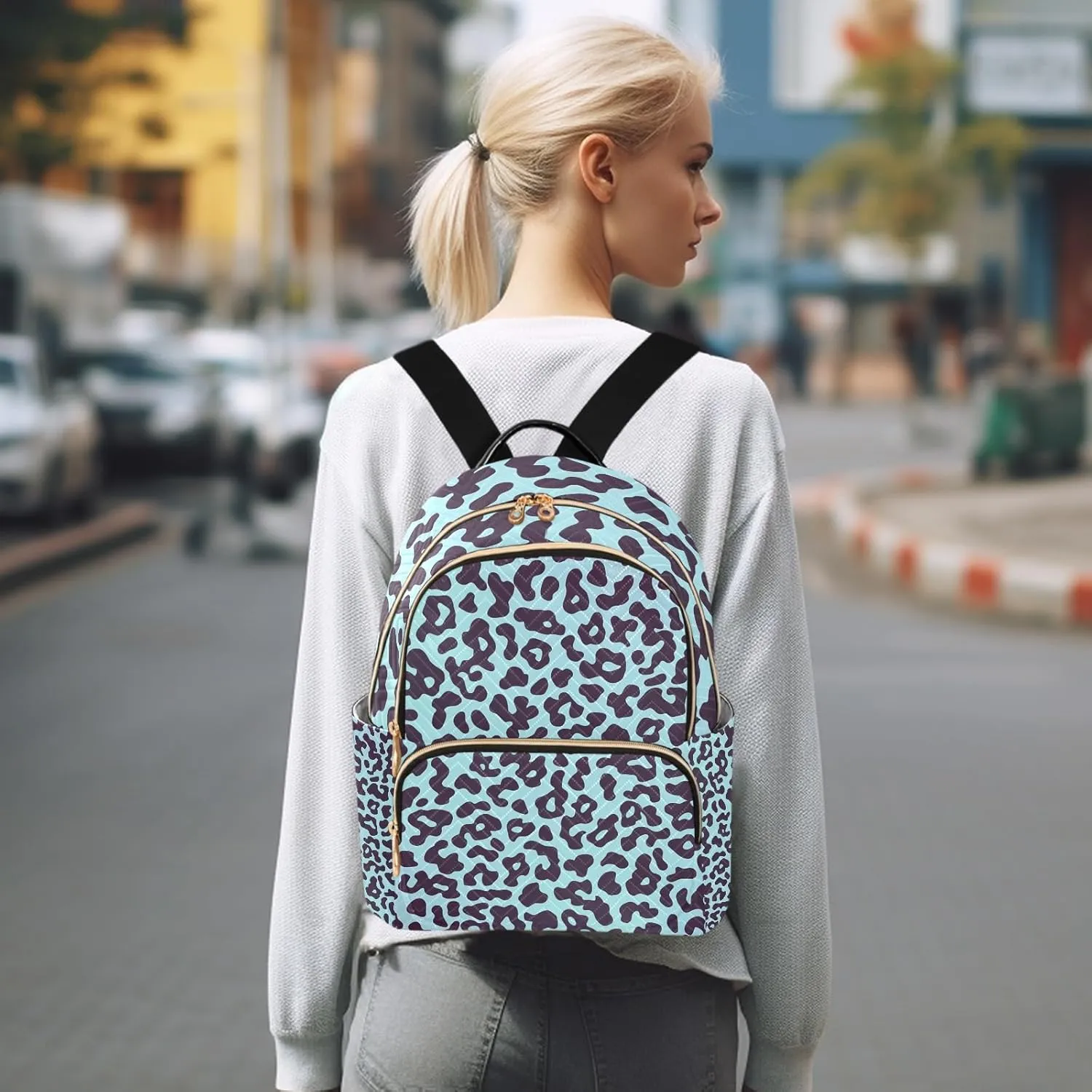 Aqua Leopard Print Pattern Campus Backpack Purse Bookbag Quilted Backpack for Women 13" Laptop Backpack Stylish Printed Rucksack with Multiple Pockets Lightweight Travel