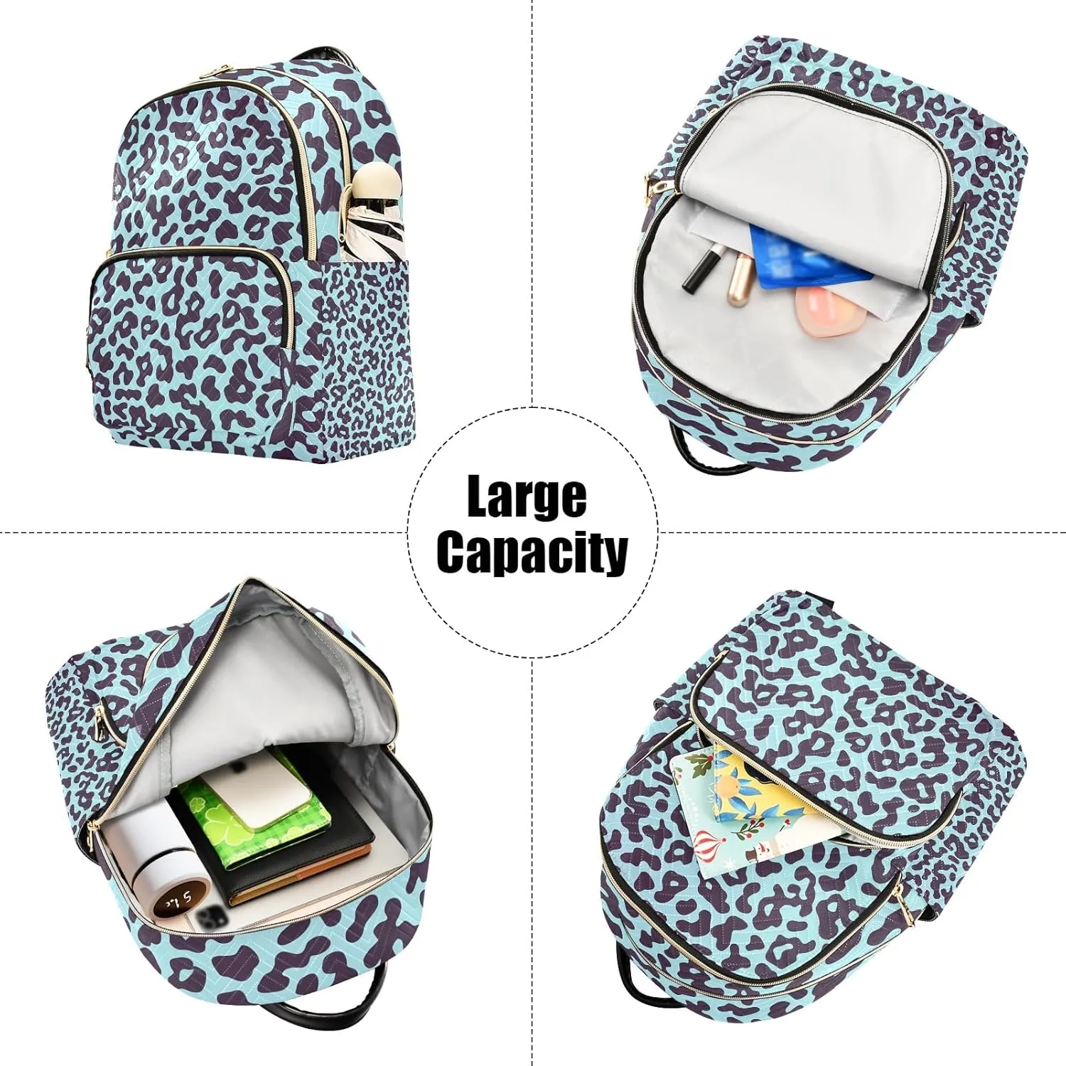 Aqua Leopard Print Pattern Campus Backpack Purse Bookbag Quilted Backpack for Women 13" Laptop Backpack Stylish Printed Rucksack with Multiple Pockets Lightweight Travel