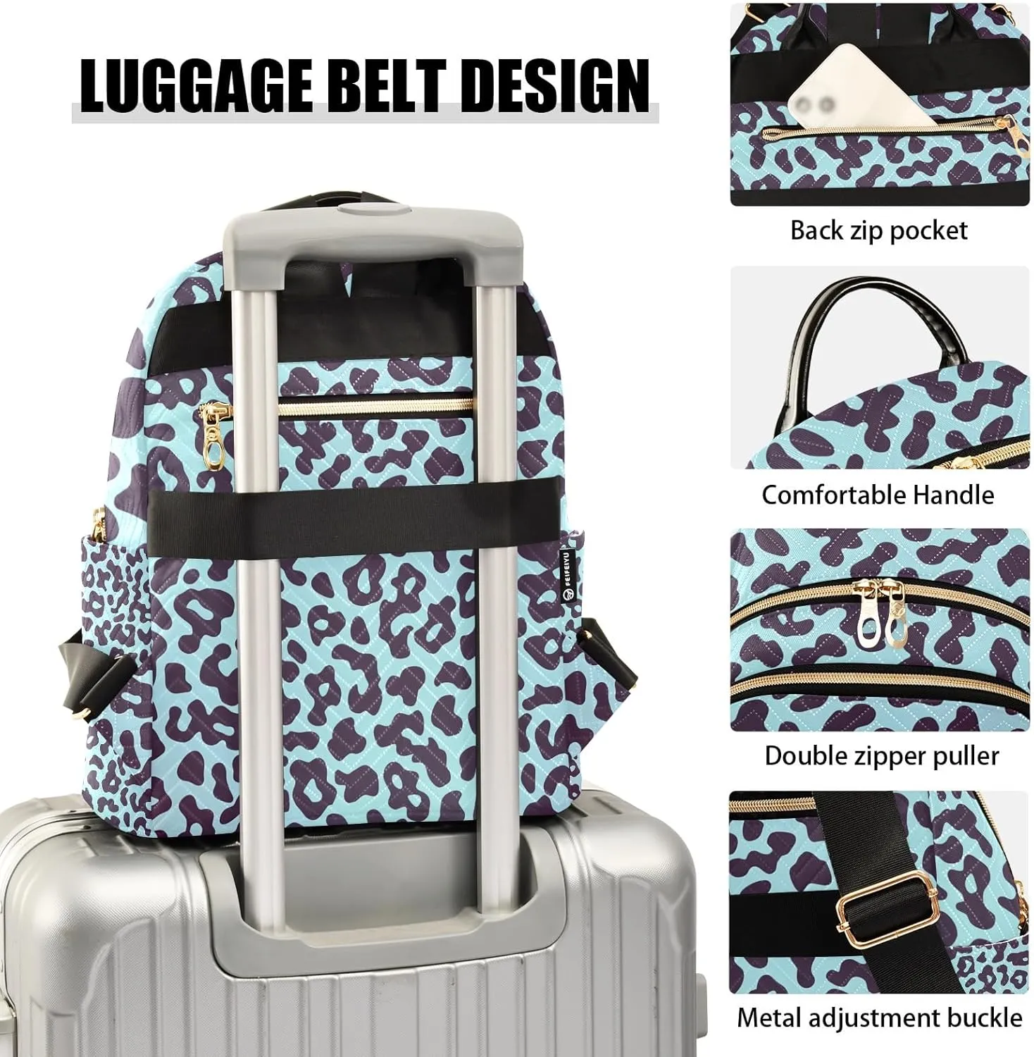 Aqua Leopard Print Pattern Campus Backpack Purse Bookbag Quilted Backpack for Women 13" Laptop Backpack Stylish Printed Rucksack with Multiple Pockets Lightweight Travel