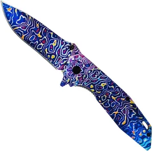 ASR Tactical 8.5 inch Folding Pocket Knife with Belt Clip, Drop Point Multicolor Oil Slick Design