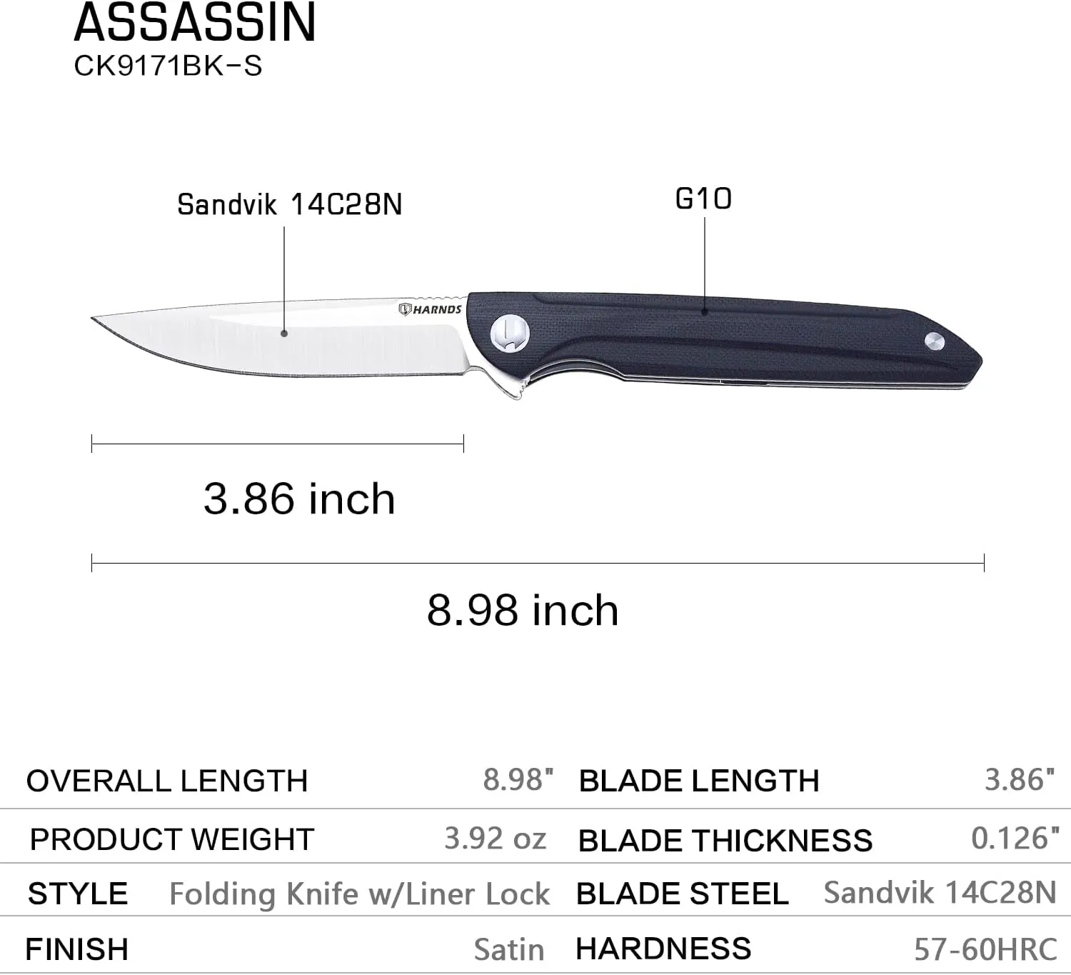 Assassin Titanium Folding Knife Outdoor, Quick Opening Pocket Knife with Sandvik 14C28N Blade and G10 Handle with Secure Locking, 3.9oz 0.75'' Camping (satin black)