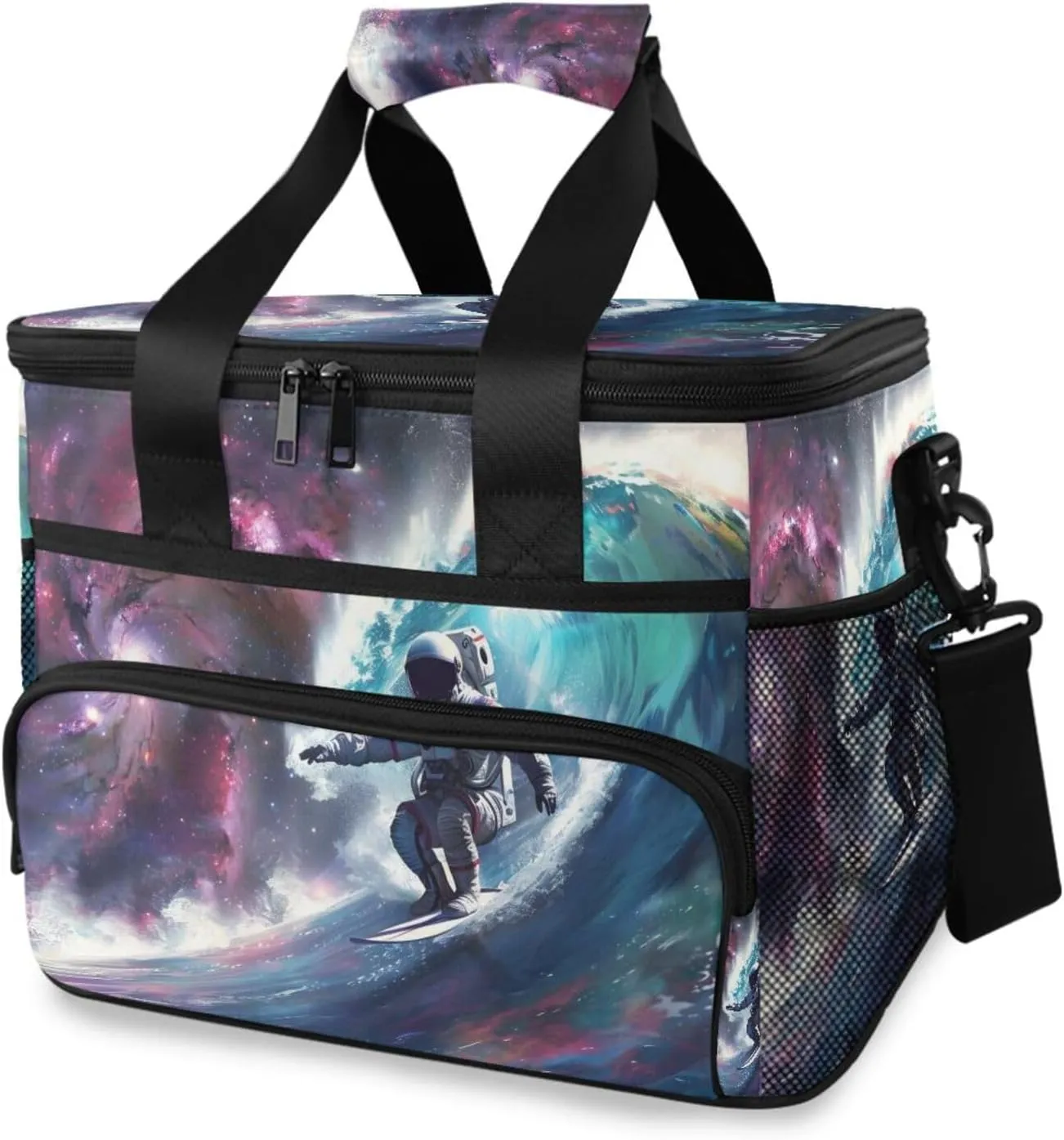 Astronaut Galaxy Wave Cooler Bag Insulated Cooler Soft Sided Cooler 24 Can Portable Picnic Bag Large Leakproof Lunch Bag Box for Beach Grocery Camping Travel Car Men Women