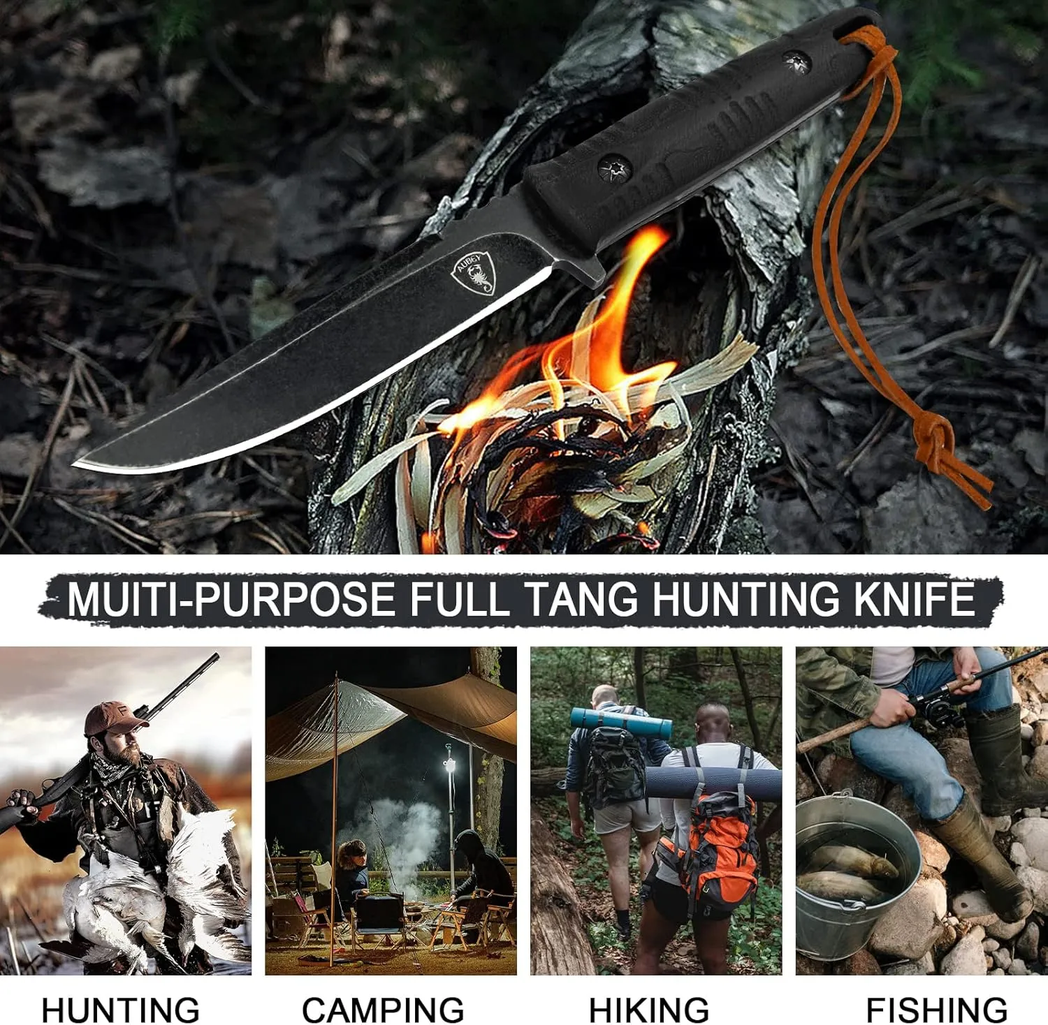 AUBEY Fixed Blade Hunting Knife, EDC Full Tang Knife with Leather Sheath for Men Women, D2 Blade Outdoor Survival Camping Knife, G10 Handle Black