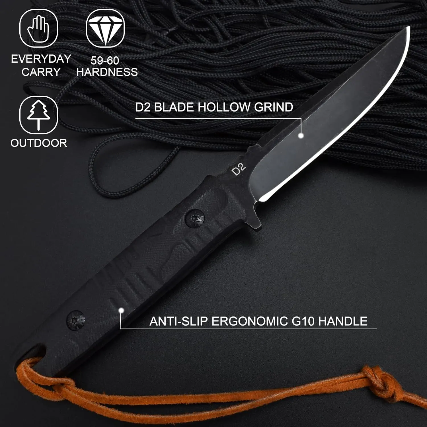 AUBEY Fixed Blade Hunting Knife, EDC Full Tang Knife with Leather Sheath for Men Women, D2 Blade Outdoor Survival Camping Knife, G10 Handle Black