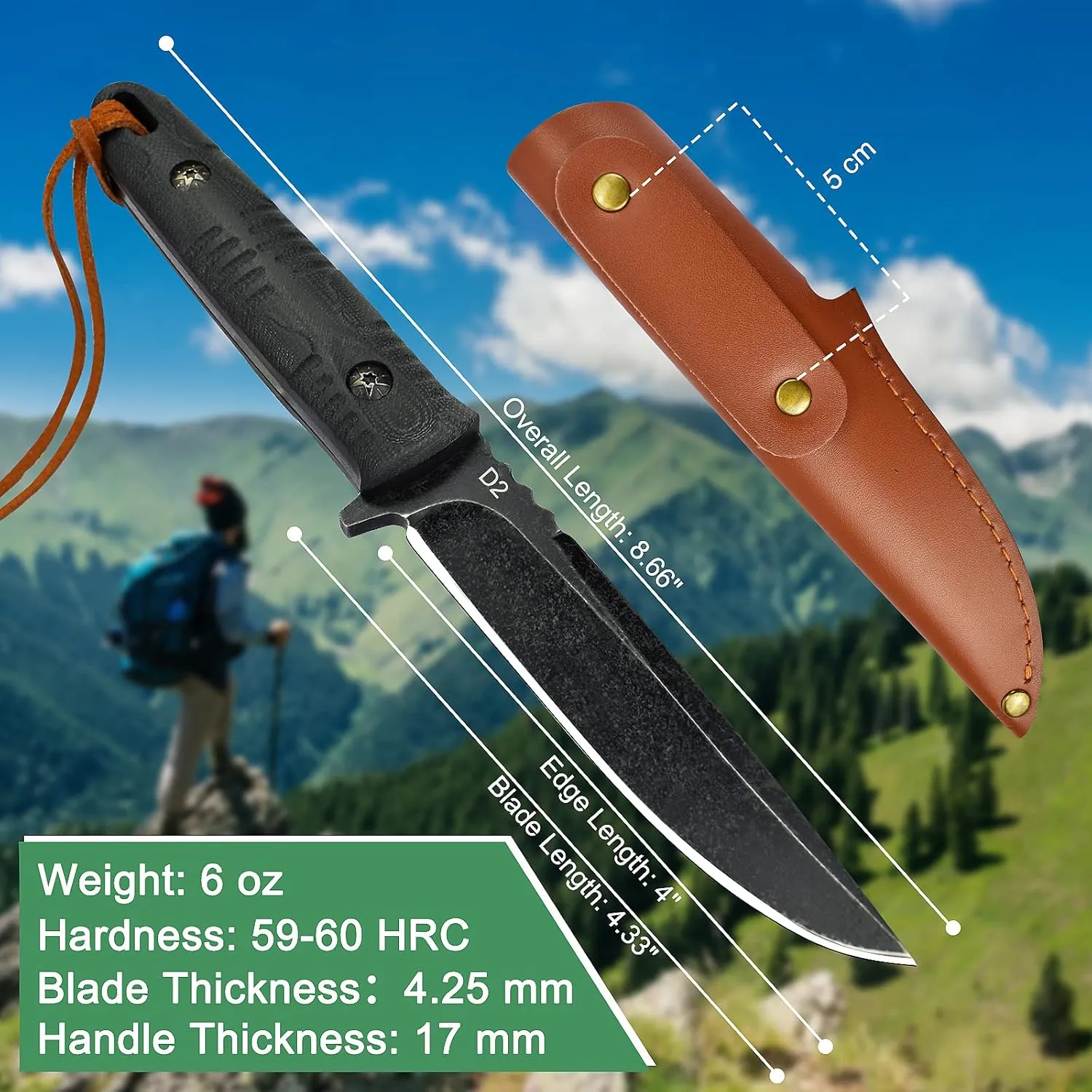 AUBEY Fixed Blade Hunting Knife, EDC Full Tang Knife with Leather Sheath for Men Women, D2 Blade Outdoor Survival Camping Knife, G10 Handle Black