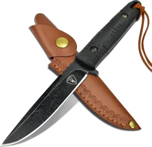 AUBEY Fixed Blade Hunting Knife, EDC Full Tang Knife with Leather Sheath for Men Women, D2 Blade Outdoor Survival Camping Knife, G10 Handle Black