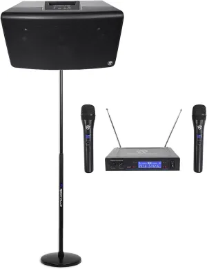 Audiosavings Bundle: Mackie FreePlay Live 150w 6" Rechargeable Speaker Bundle with Rockville Rockville RVES05 Black Tripod Pole-Mount Speaker Stand & RWM1203VH Handheld Microphone System (3 Items)