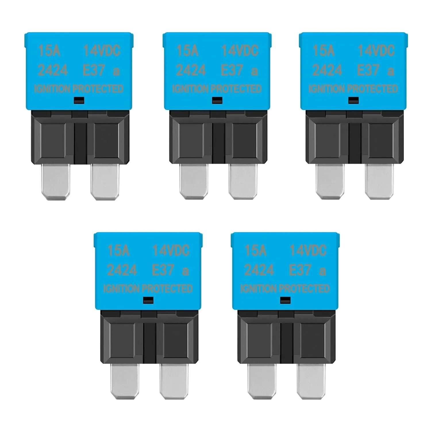 Auto Reset 15A Blade Fuse - Replace Standard 15Amp ATC/ATO Fuses, 14VDC Waterproof Circuit Breaker for Cars, Trucks, Boats, and RVs (Pack of 5)