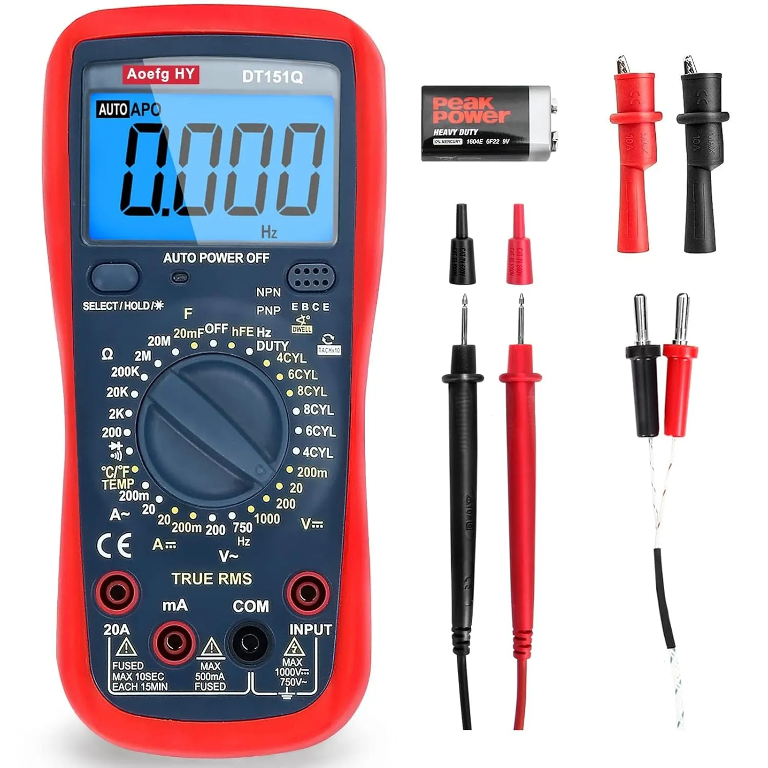 Automotive Multimeter, True RMS CAT III 600V, AC/DC Voltage/Current Tester, Temp/Freq/Ohm/Duty Cycle, 4-8 Cylinder Dwell Angle Test, Capacitance & HVAC/Industrial Tools with Engine RPM Measurement.