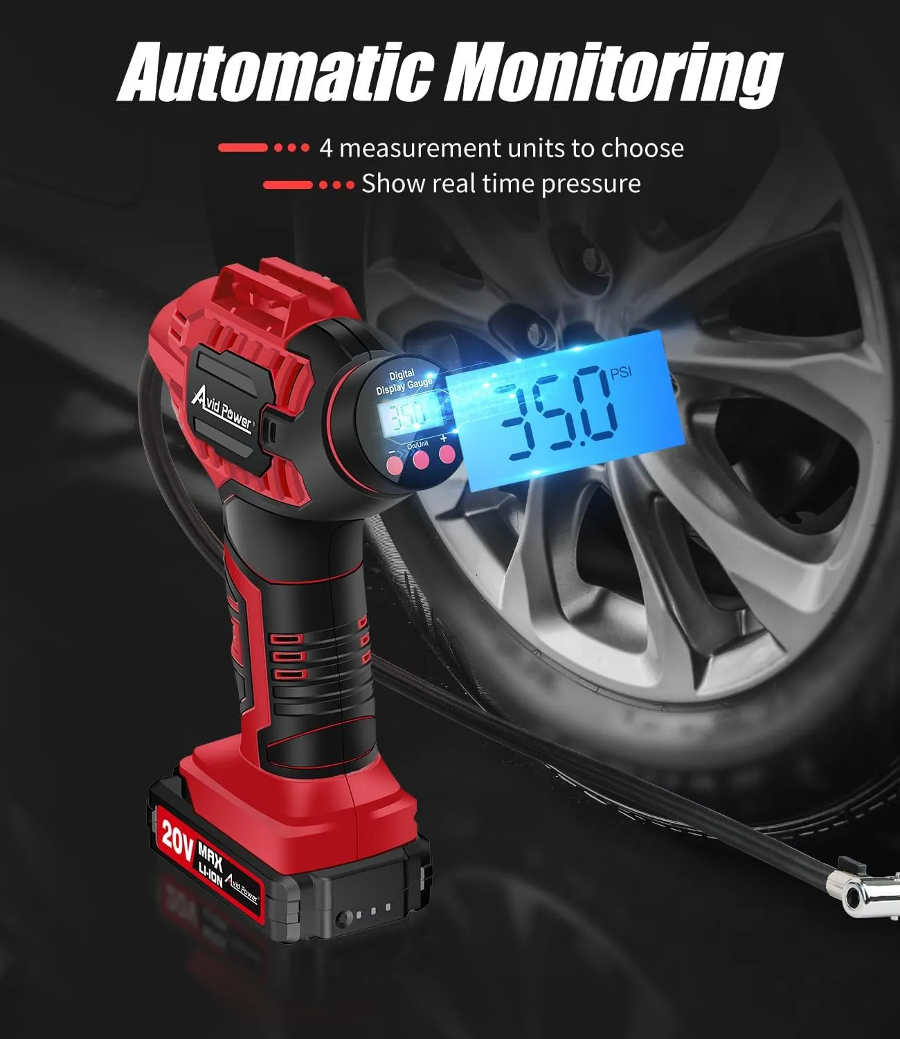 AVID POWER Tire Inflator Portable Air Compressor,20V Cordless Tire Pump, Rechargeable Air Pump for Car Tires and other Inflatables (Red)
