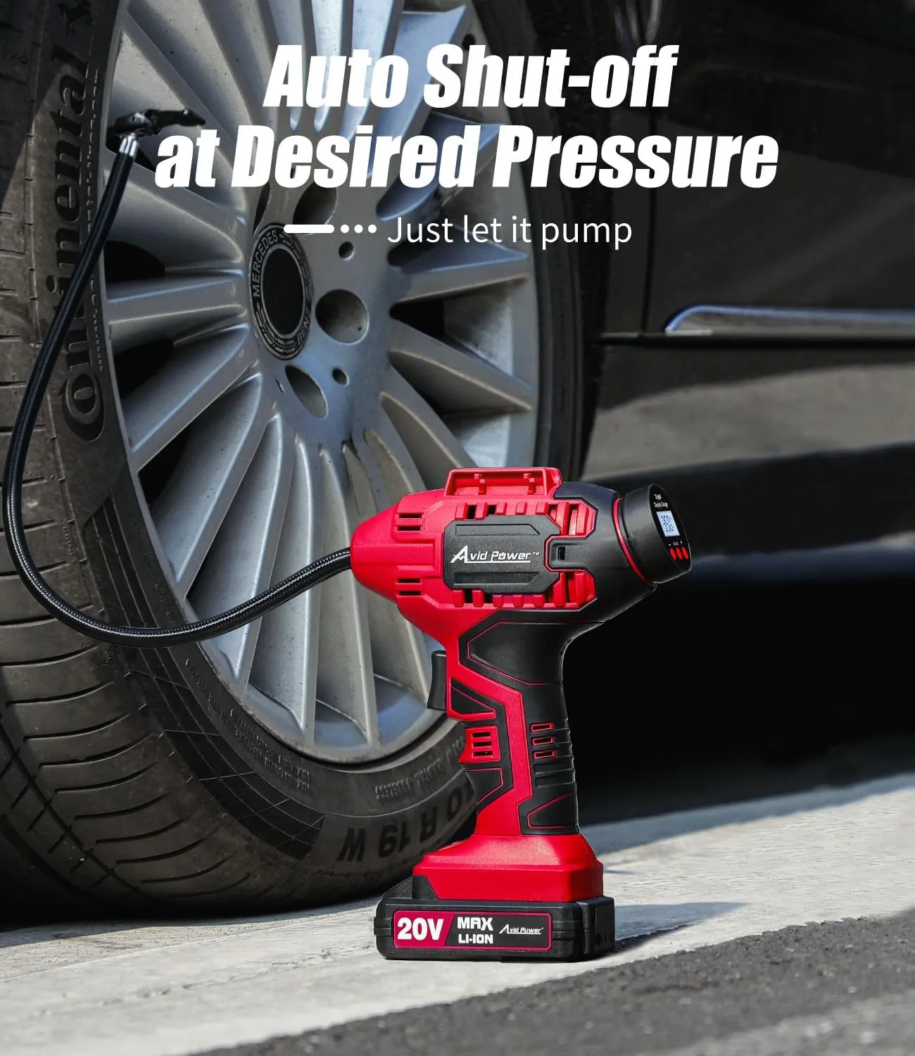AVID POWER Tire Inflator Portable Air Compressor,20V Cordless Tire Pump, Rechargeable Air Pump for Car Tires and other Inflatables (Red)