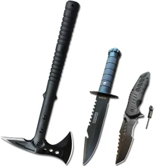 Axe Survival Bowie & Folding Pocket Knife - Fixed Blade Hunting Knife with Sheath, Sharpener & Fire Starter Included, Tactical for Camping & Hunting