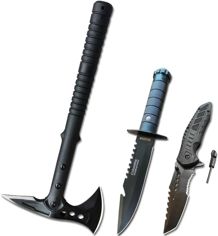Axe Survival Bowie & Folding Pocket Knife - Fixed Blade Hunting Knife with Sheath, Sharpener & Fire Starter Included, Tactical for Camping & Hunting