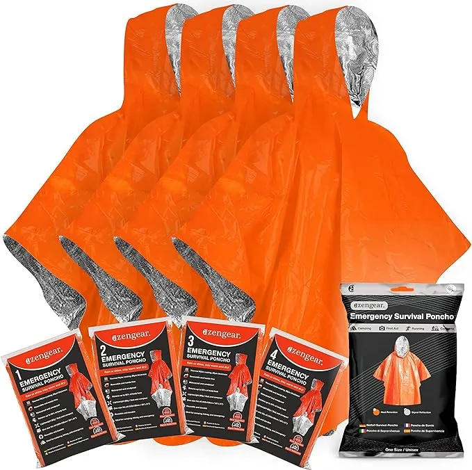 aZengear Emergency Survival Poncho (4pc) Thermal Mylar Foil Coating Blanket for Heat Retention and Rain | Reversible with Hood | Waterproof, Windproof, Portable, Hands-Free, Outdoor Kit