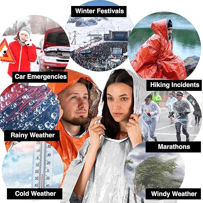 aZengear Emergency Survival Poncho (4pc) Thermal Mylar Foil Coating Blanket for Heat Retention and Rain | Reversible with Hood | Waterproof, Windproof, Portable, Hands-Free, Outdoor Kit