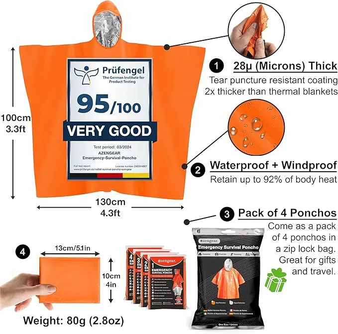 aZengear Emergency Survival Poncho (4pc) Thermal Mylar Foil Coating Blanket for Heat Retention and Rain | Reversible with Hood | Waterproof, Windproof, Portable, Hands-Free, Outdoor Kit