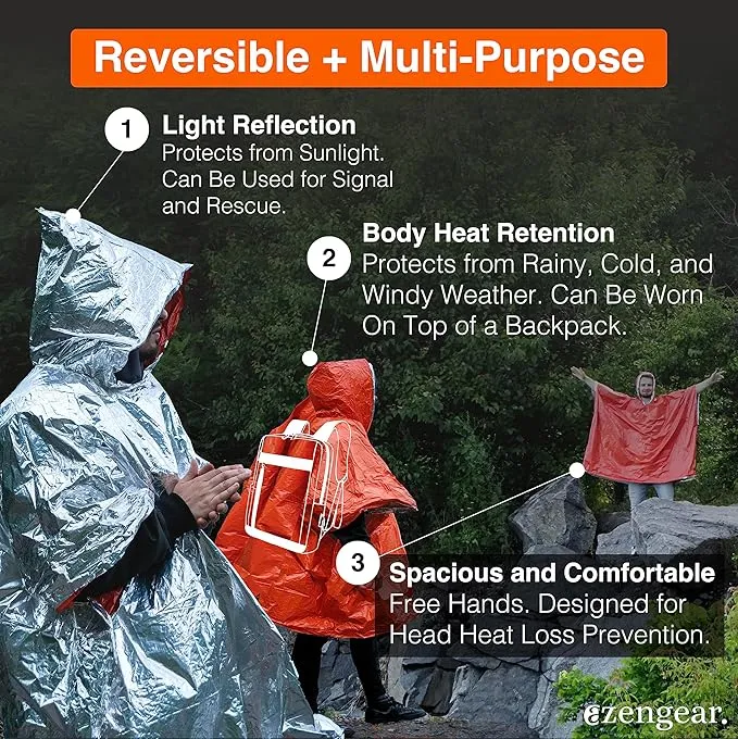 aZengear Emergency Survival Poncho (4pc) Thermal Mylar Foil Coating Blanket for Heat Retention and Rain | Reversible with Hood | Waterproof, Windproof, Portable, Hands-Free, Outdoor Kit