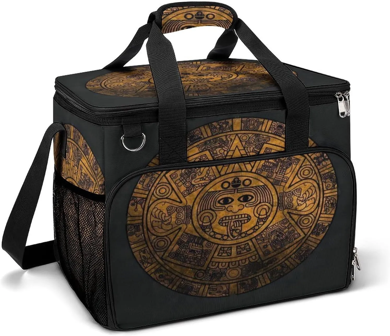 Aztec Calendar Mayan Sun Stone Cooler Bag, Collapsible Soft Sided Cooler, Large Leakproof Camping Cooler, Portable Travel Cooler for Camping, Road Trips