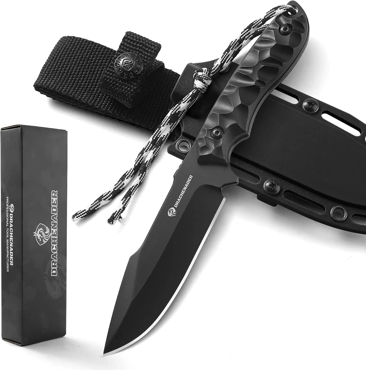 B-ER-DROP POINT Fixed Blade Hunting Knife, Survival Knife with Sheath, Full Tang, Full Black, Gifts for Men