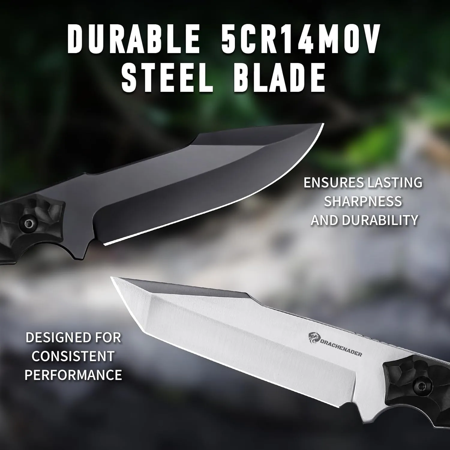 B-ER-DROP POINT Fixed Blade Hunting Knife, Survival Knife with Sheath, Full Tang, Full Black, Gifts for Men