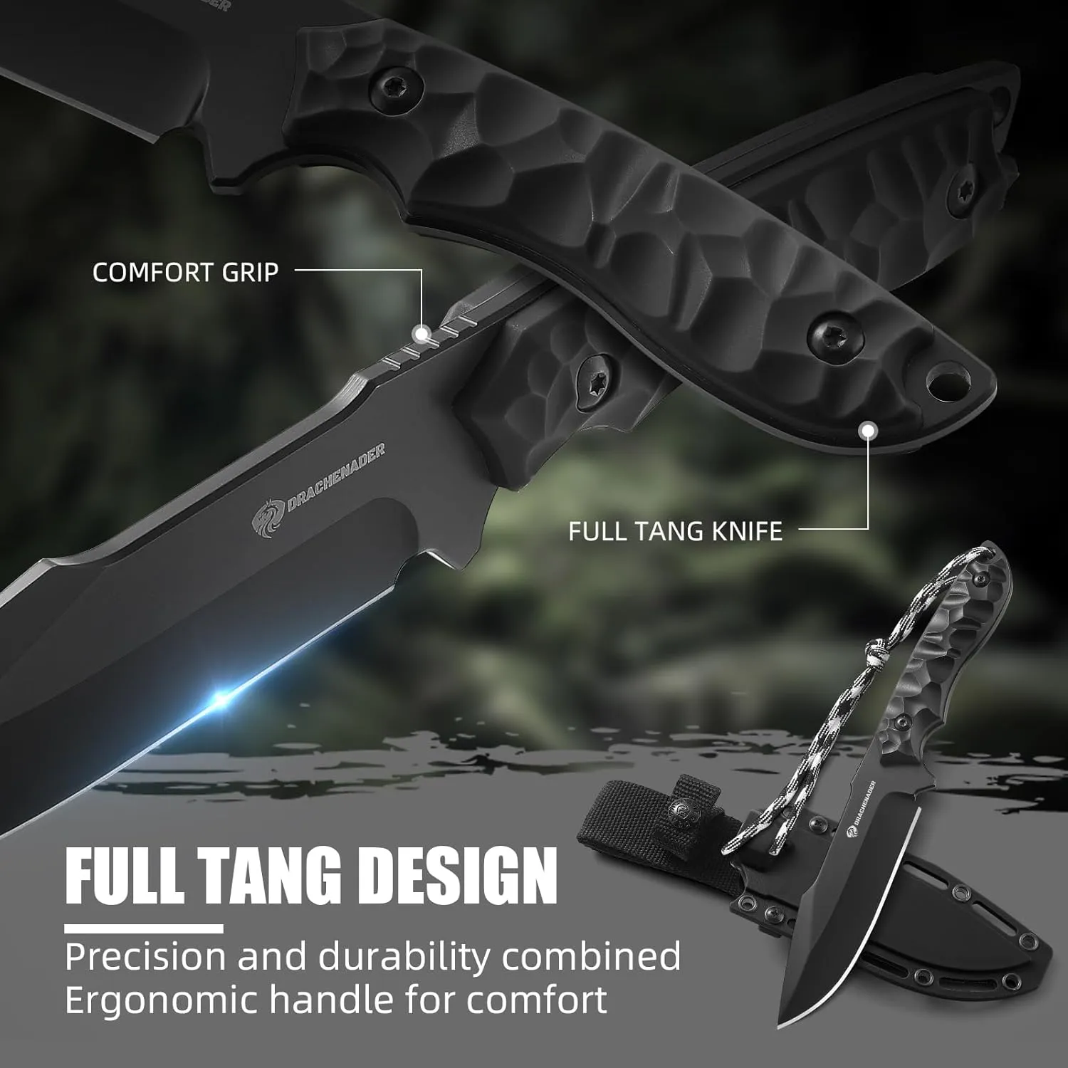 B-ER-DROP POINT Fixed Blade Hunting Knife, Survival Knife with Sheath, Full Tang, Full Black, Gifts for Men