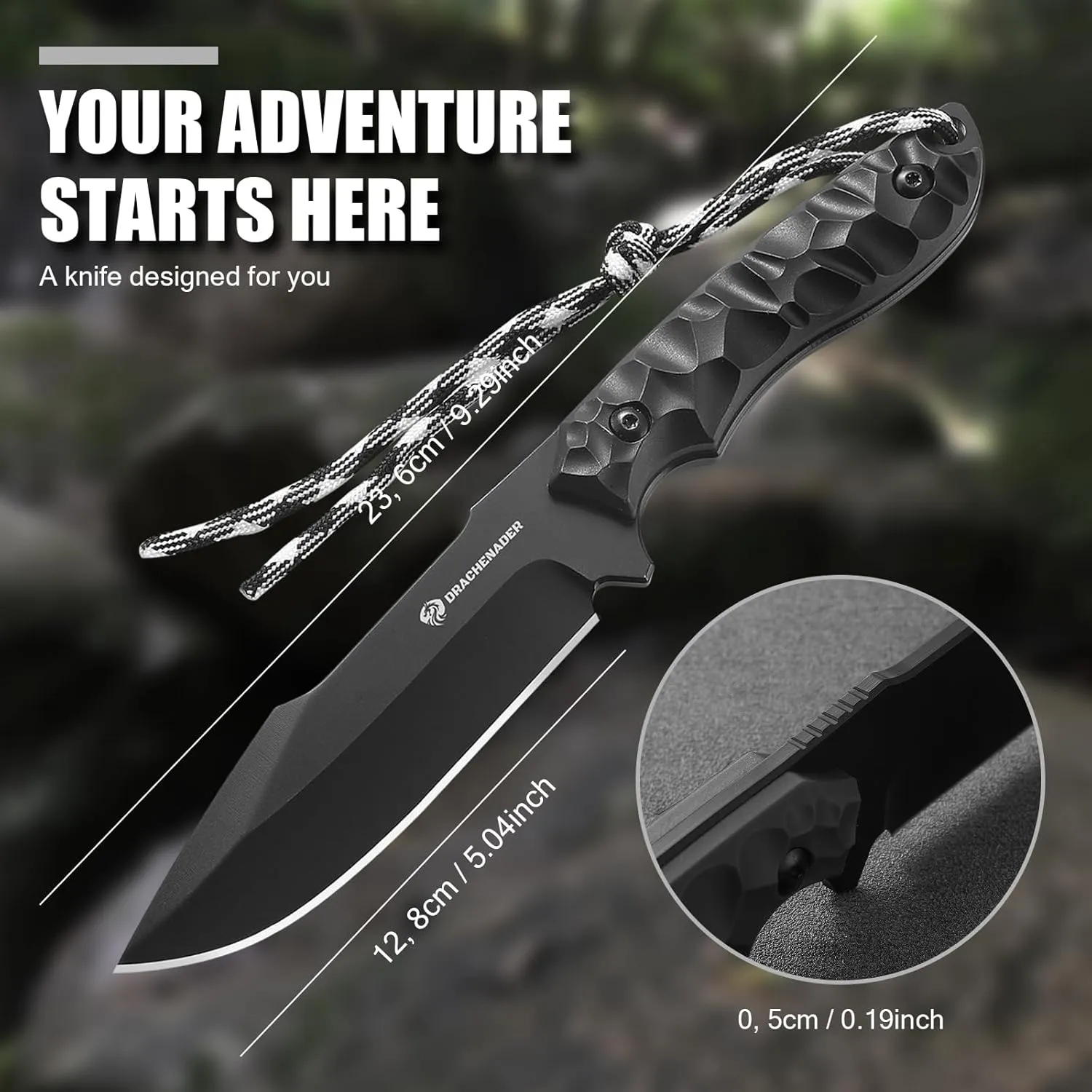 B-ER-DROP POINT Fixed Blade Hunting Knife, Survival Knife with Sheath, Full Tang, Full Black, Gifts for Men