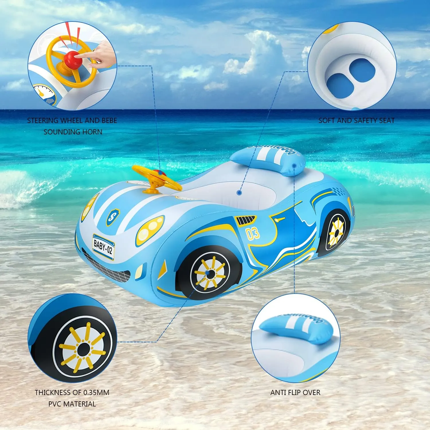 Baby Pool Float with 3D Car Design, PVC Baby Swim Float, Toddler Pool Float, Swimming Floats Seat Boat Pool Toys with Steering Wheel for 12-18, 12-24 Months, Age 2-3, 1-4 Years Girl Boy