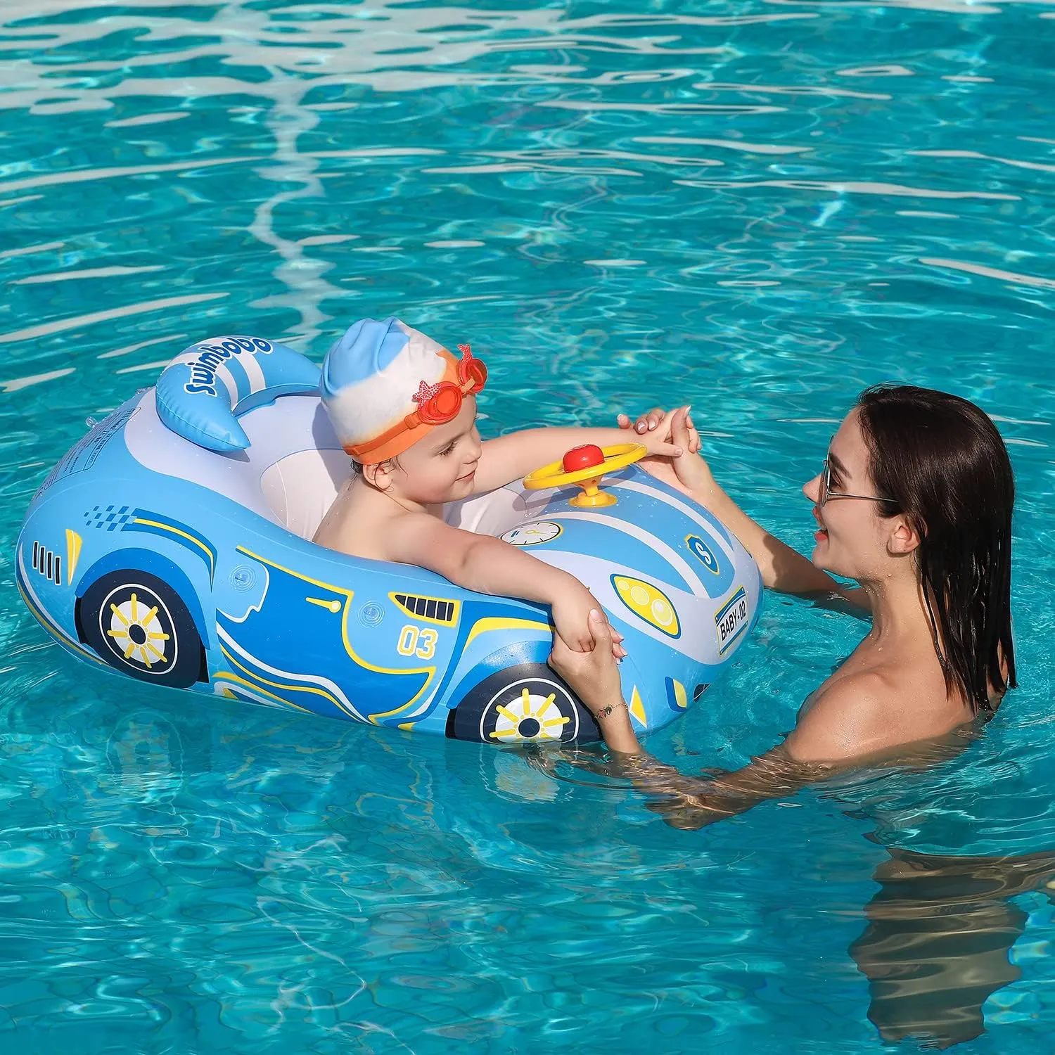 Baby Pool Float with 3D Car Design, PVC Baby Swim Float, Toddler Pool Float, Swimming Floats Seat Boat Pool Toys with Steering Wheel for 12-18, 12-24 Months, Age 2-3, 1-4 Years Girl Boy