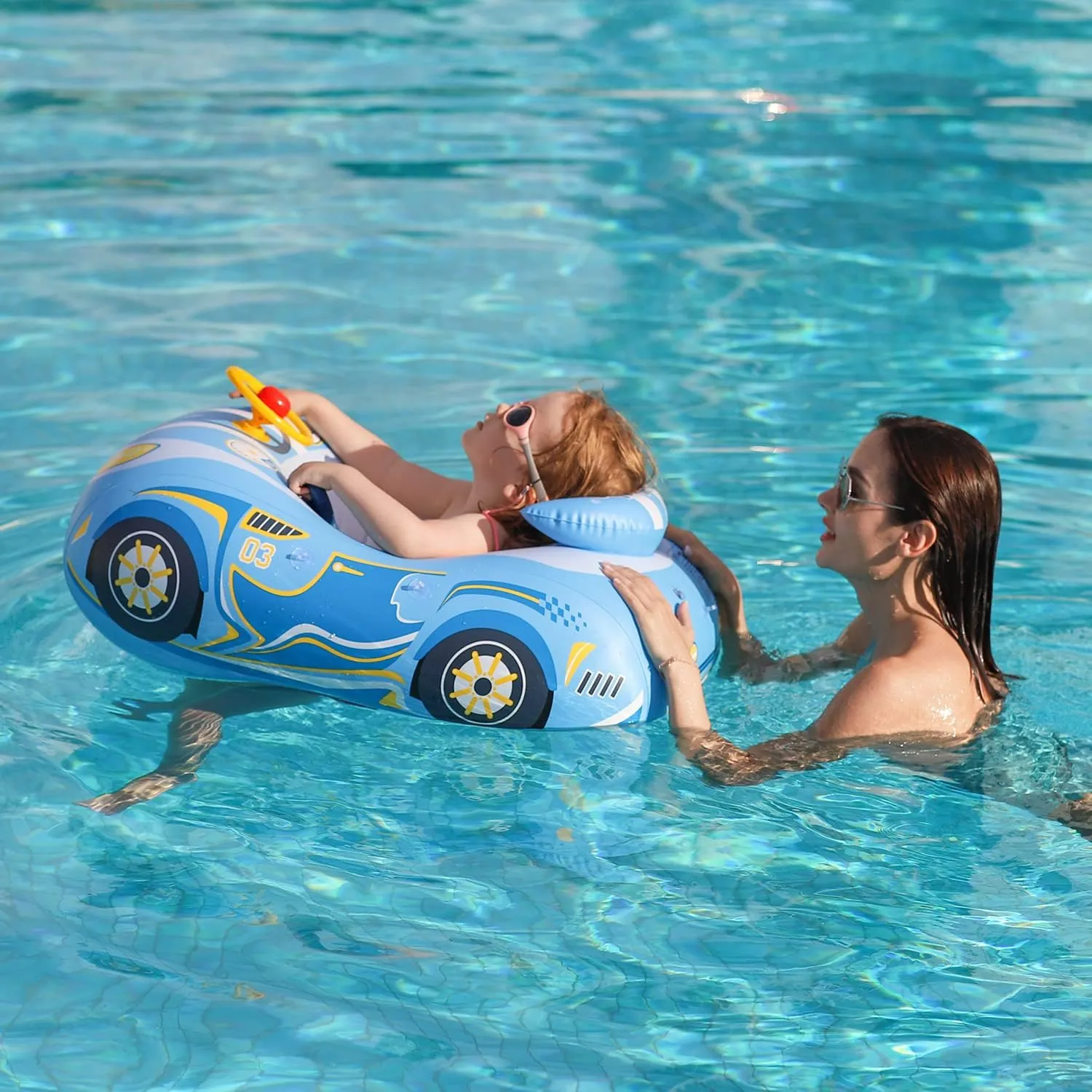 Baby Pool Float with 3D Car Design, PVC Baby Swim Float, Toddler Pool Float, Swimming Floats Seat Boat Pool Toys with Steering Wheel for 12-18, 12-24 Months, Age 2-3, 1-4 Years Girl Boy