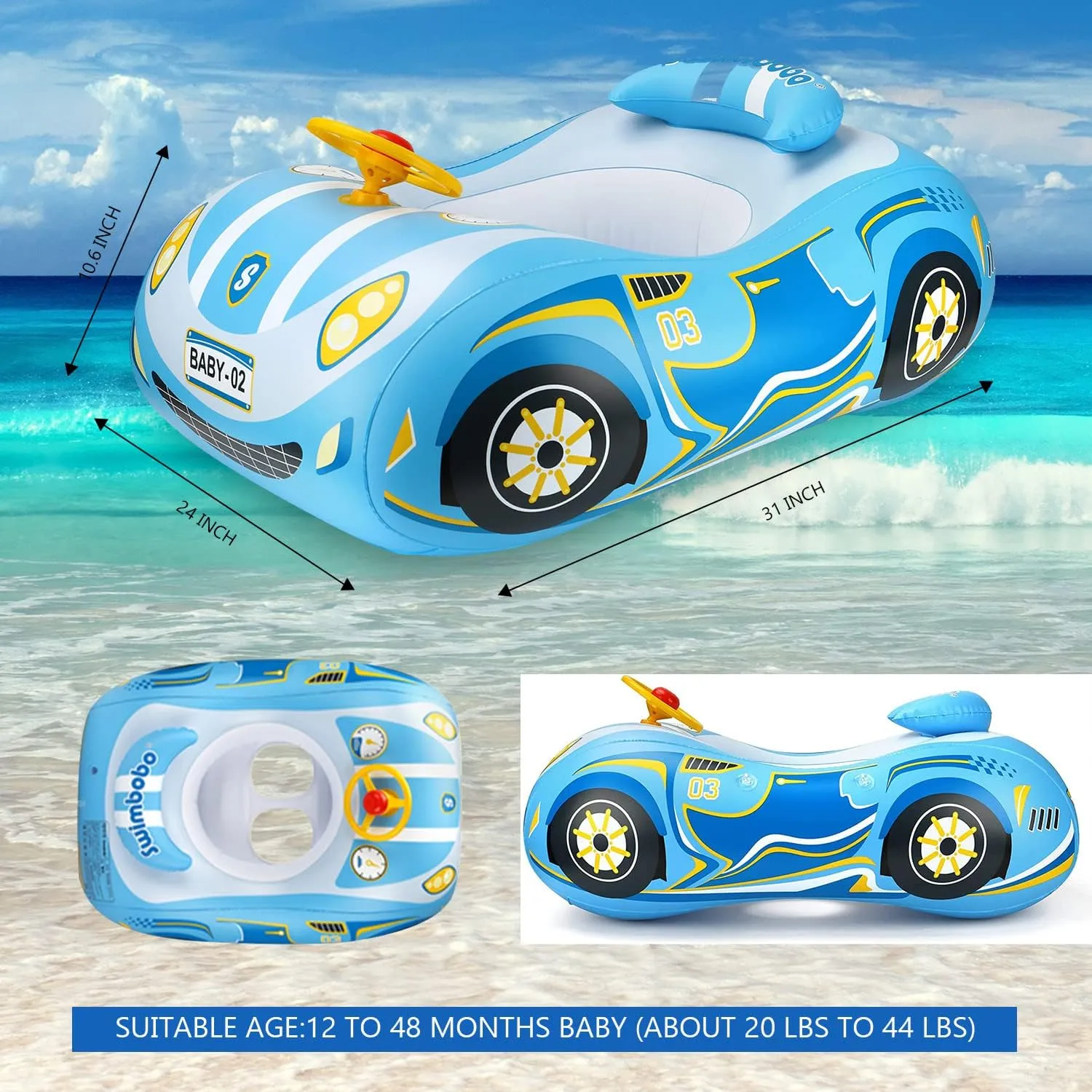 Baby Pool Float with 3D Car Design, PVC Baby Swim Float, Toddler Pool Float, Swimming Floats Seat Boat Pool Toys with Steering Wheel for 12-18, 12-24 Months, Age 2-3, 1-4 Years Girl Boy