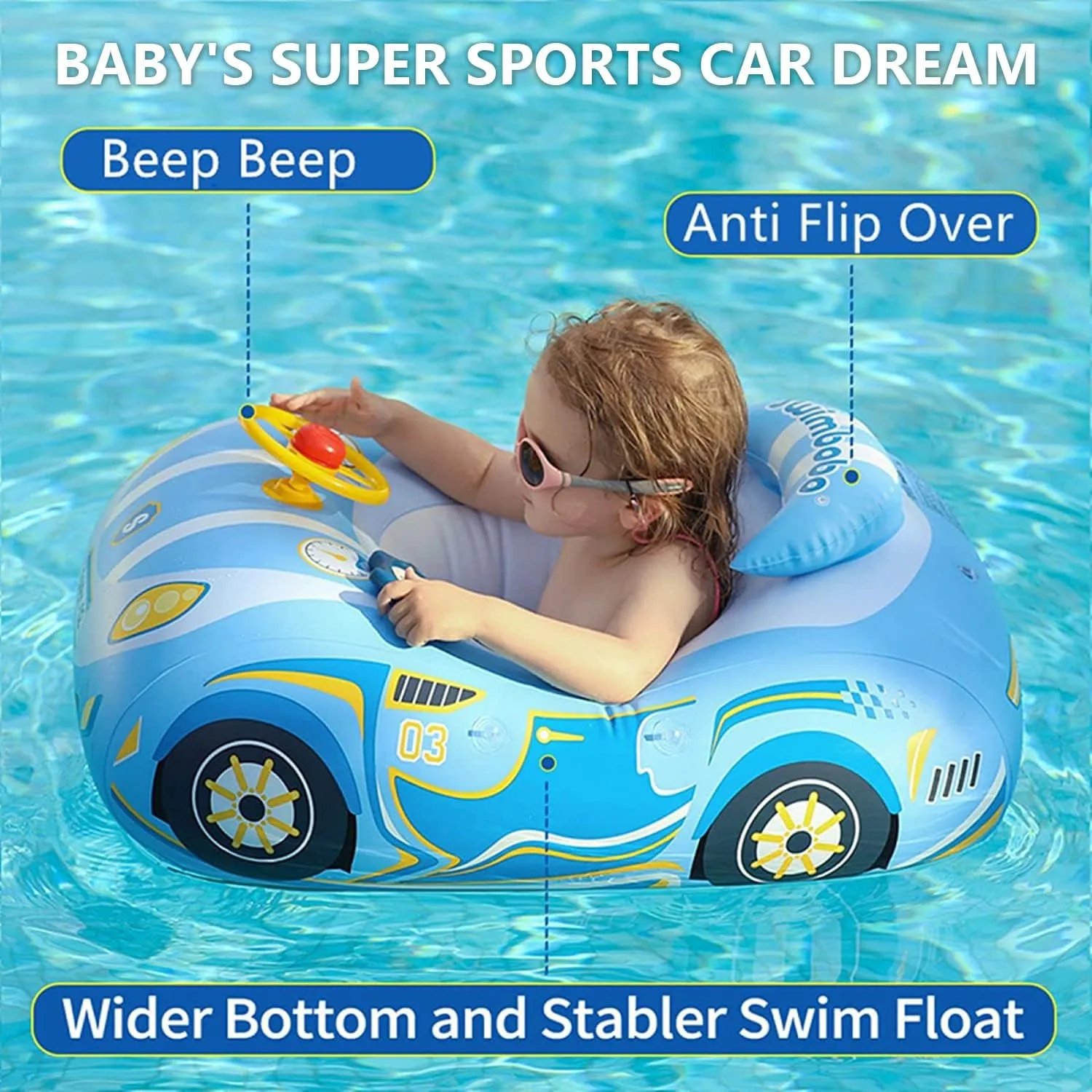 Baby Pool Float with 3D Car Design, PVC Baby Swim Float, Toddler Pool Float, Swimming Floats Seat Boat Pool Toys with Steering Wheel for 12-18, 12-24 Months, Age 2-3, 1-4 Years Girl Boy