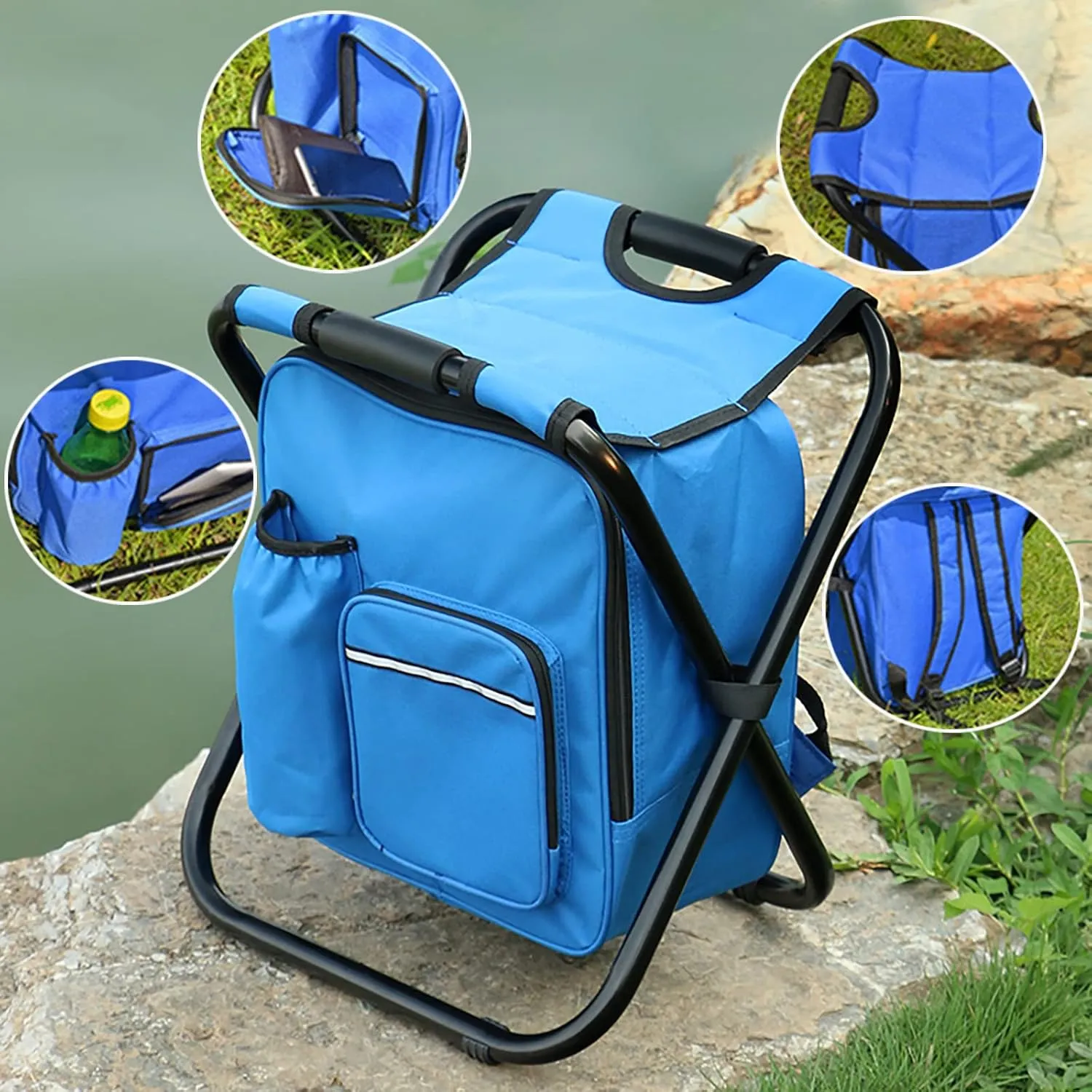 backpack chair,Folding Stool Backpack Insulated Cooler Bag,Portable Fishing Chair Stool,Backpack Cooler Chair,Outdoor Gear Camping Stool for Outdoor Events, Hiking (blue)