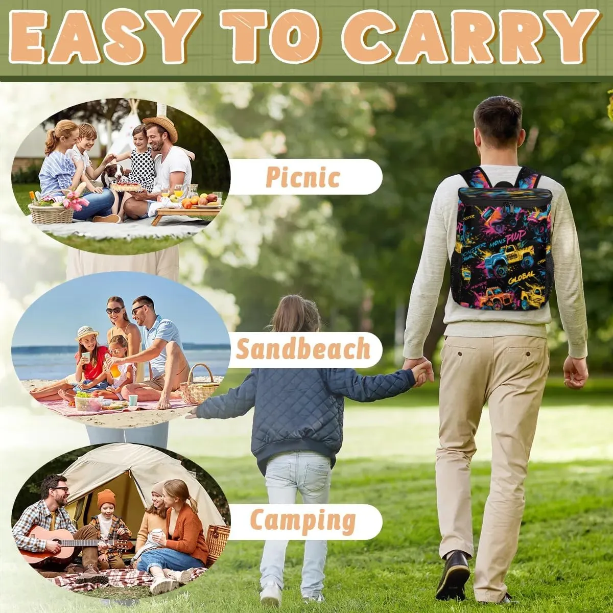 Backpack Cooler Cool Trucks Print Cooler Backpack Insulated Leak Proof Soft Cooler Bag for Men Women Lunch Backpack for Camping Picnic Hiking Beach Travel