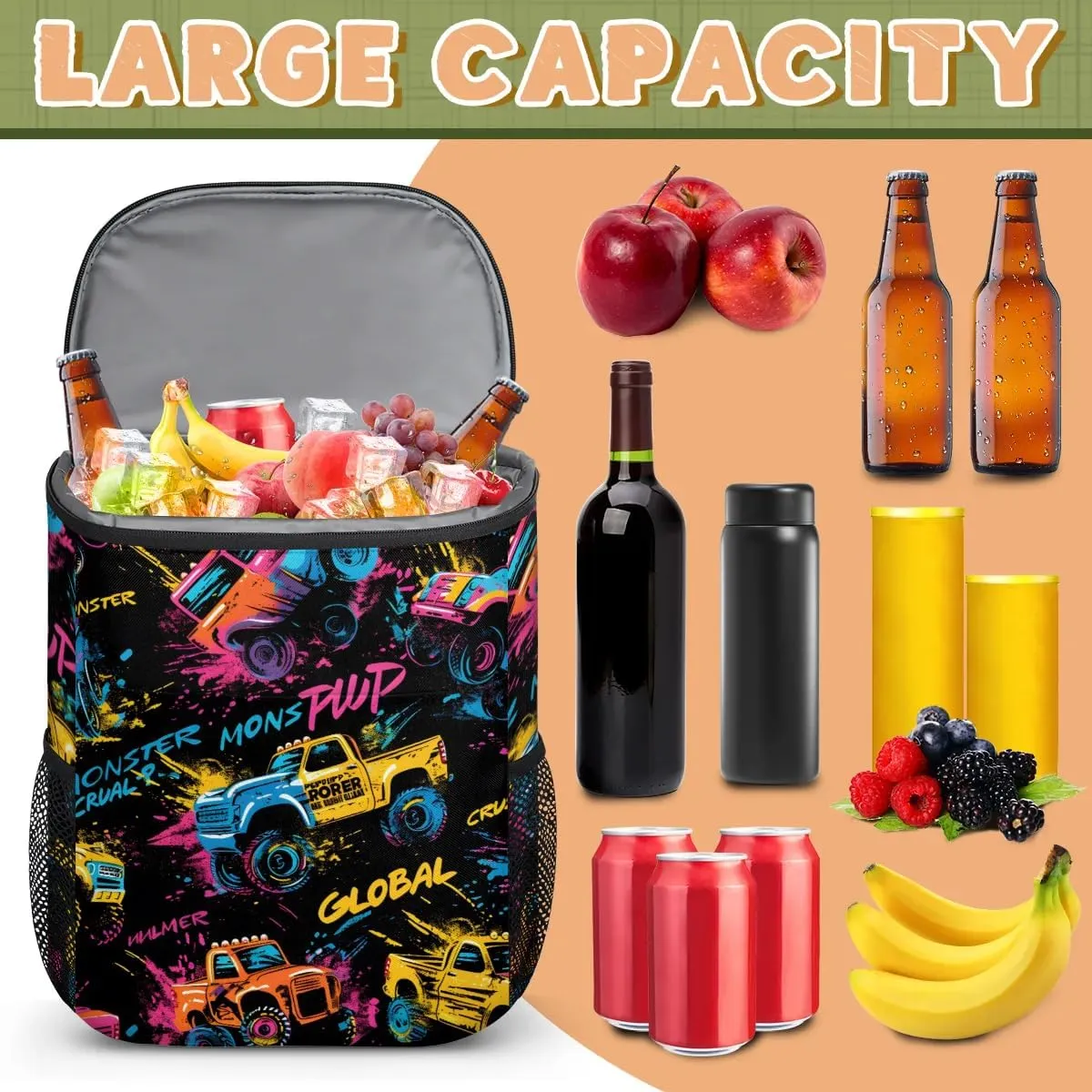 Backpack Cooler Cool Trucks Print Cooler Backpack Insulated Leak Proof Soft Cooler Bag for Men Women Lunch Backpack for Camping Picnic Hiking Beach Travel