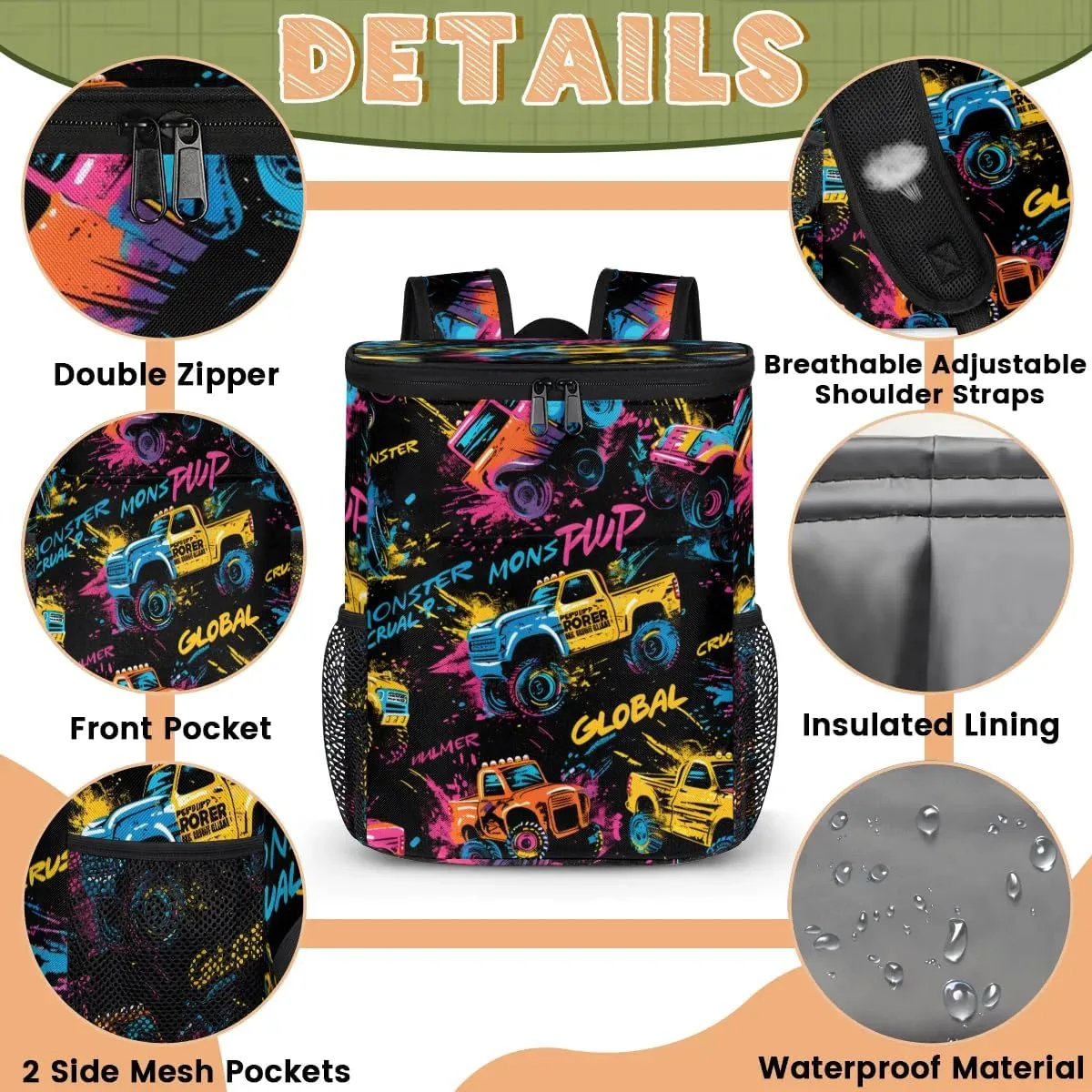 Backpack Cooler Cool Trucks Print Cooler Backpack Insulated Leak Proof Soft Cooler Bag for Men Women Lunch Backpack for Camping Picnic Hiking Beach Travel