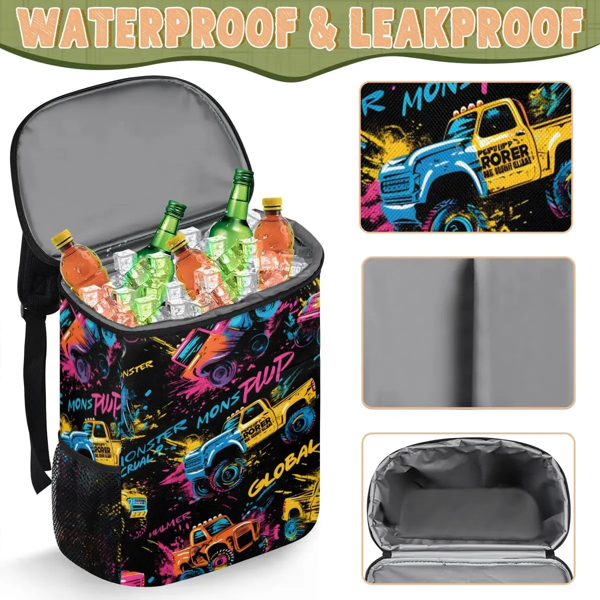 Backpack Cooler Cool Trucks Print Cooler Backpack Insulated Leak Proof Soft Cooler Bag for Men Women Lunch Backpack for Camping Picnic Hiking Beach Travel