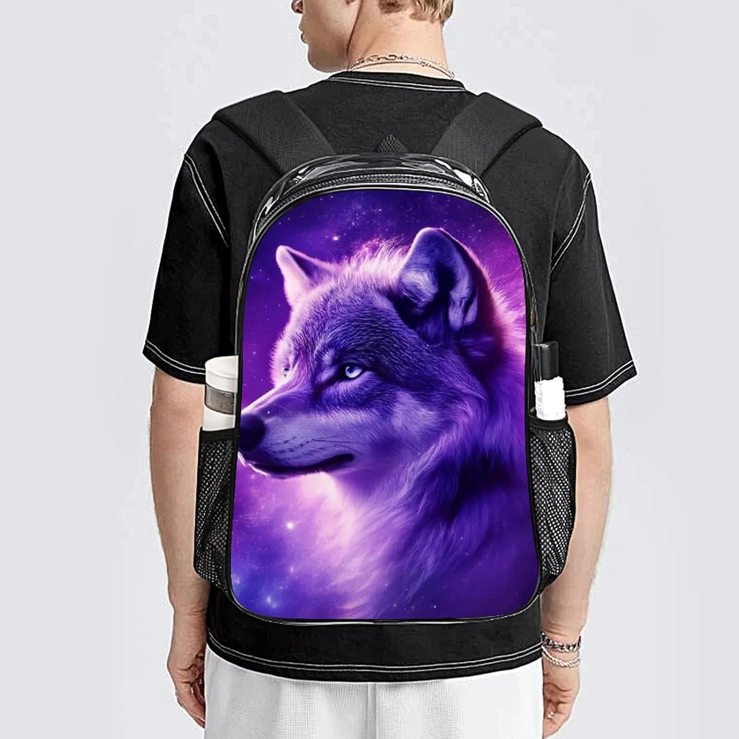 Backpack Multipurpose Anti-Theft Large Capacity Bookbag - Purple Universe Galaxy Space Magic Wolf Art Travel Hiking Daypack Transparent Bag