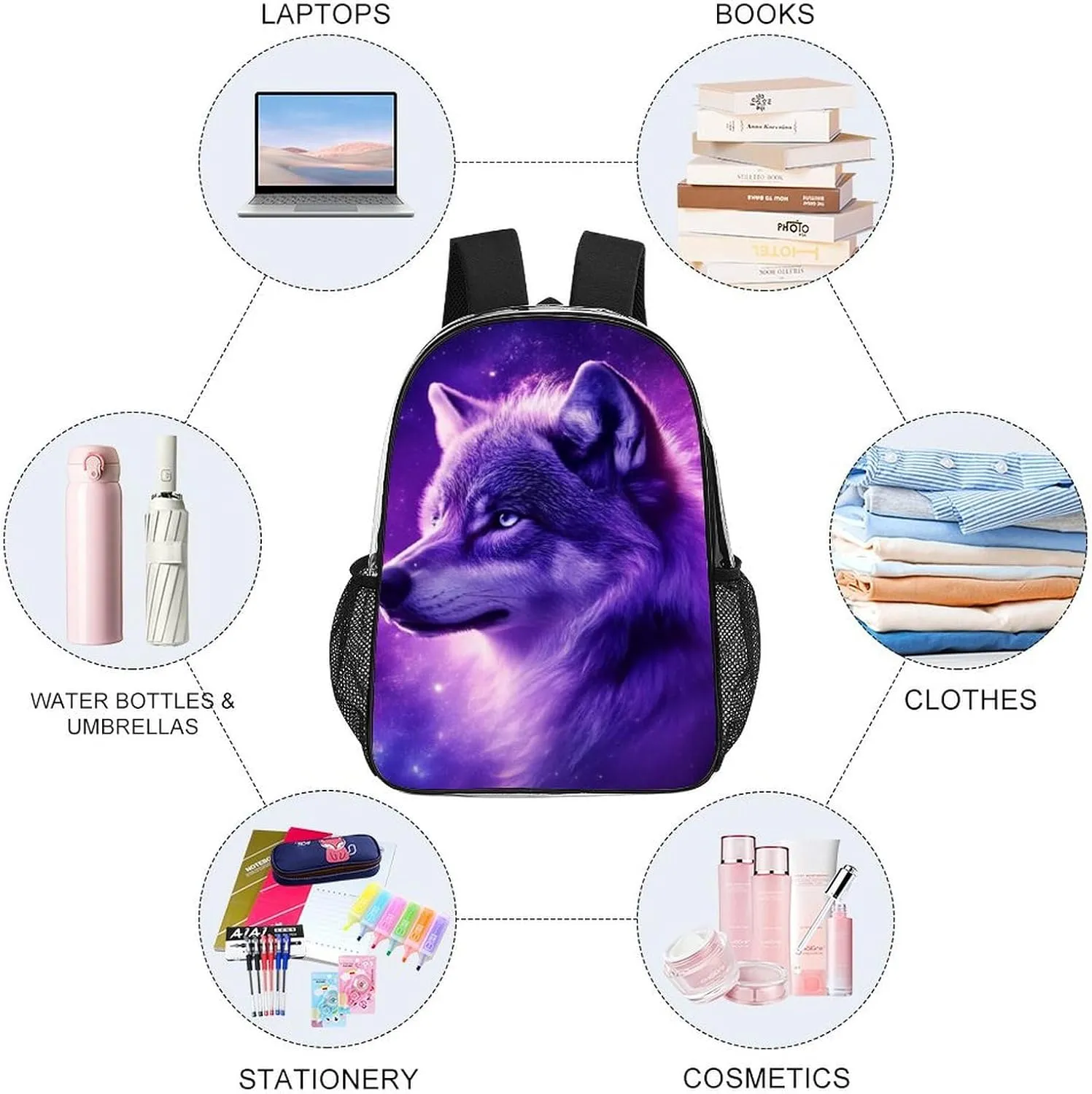 Backpack Multipurpose Anti-Theft Large Capacity Bookbag - Purple Universe Galaxy Space Magic Wolf Art Travel Hiking Daypack Transparent Bag