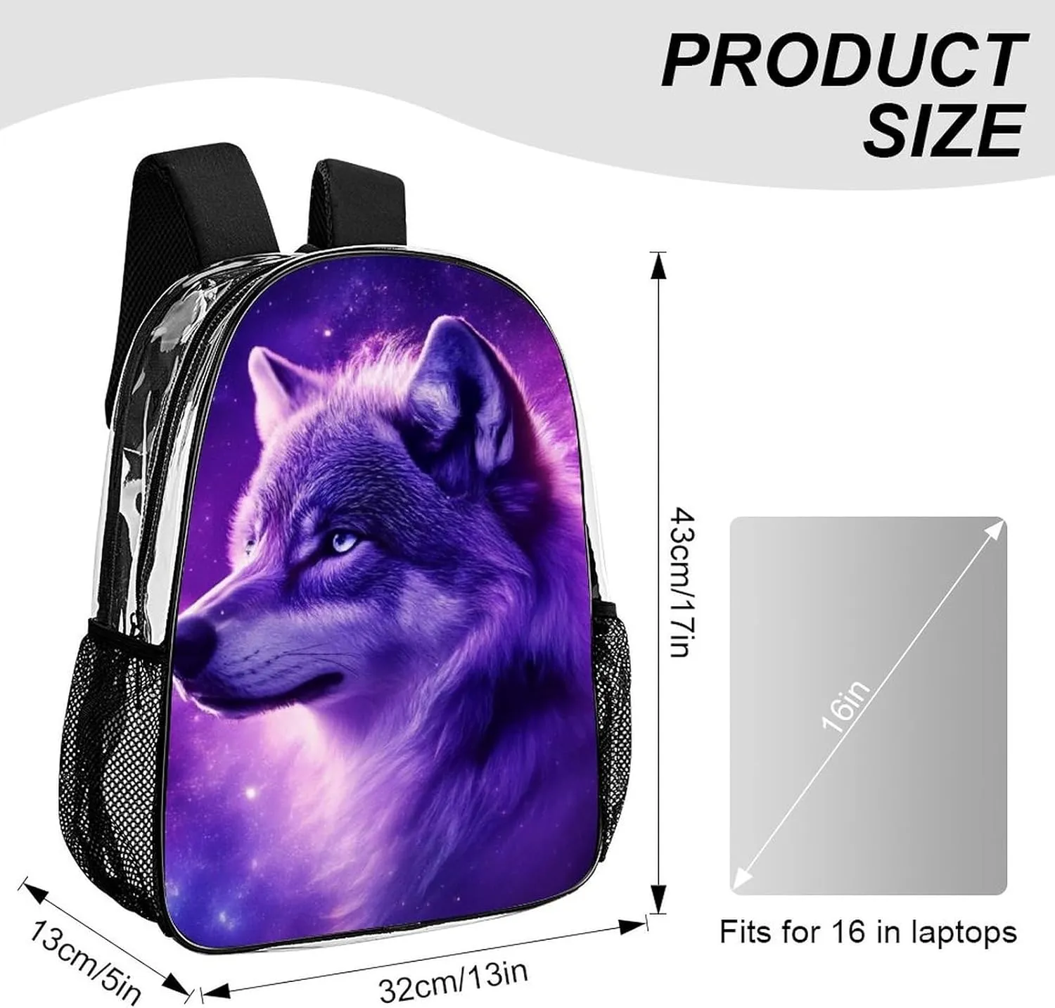 Backpack Multipurpose Anti-Theft Large Capacity Bookbag - Purple Universe Galaxy Space Magic Wolf Art Travel Hiking Daypack Transparent Bag